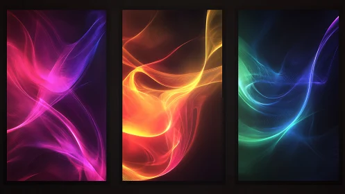 Triptych of spectrally phased light-wave fields on dark panels.