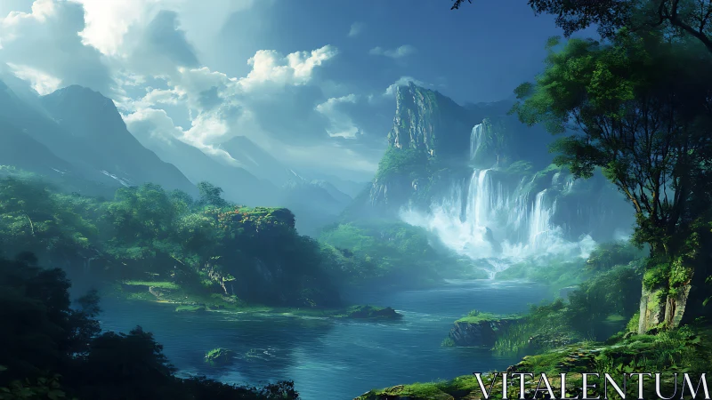 Fantasy Landscape with Waterfalls and Mountains.