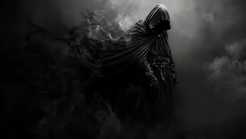 Hooded dark figure in swirling black smoke and shadows.