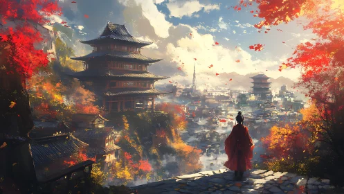Wandering soul above autumn temples in a glowing mountain city.