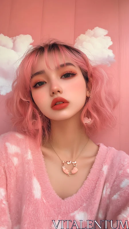 Pink themed portrait of woman against stylized cloud backdrop.