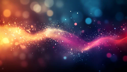 Luminous particle wave arcs through deep multicolor bokeh field