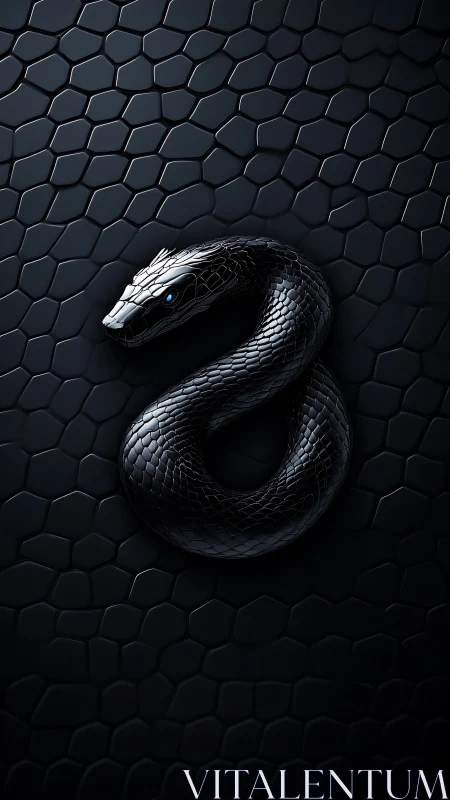 Coiled obsidian serpent on geometric matte scales background.