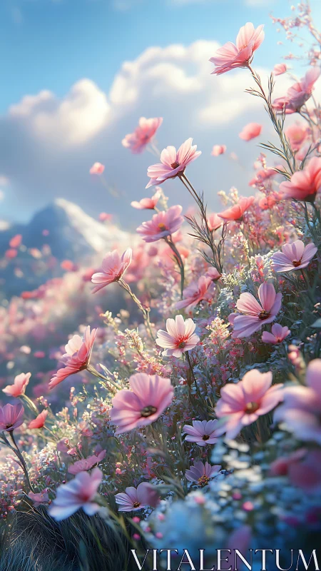 Digital rendering shows pink wildflowers on a mountain slope.