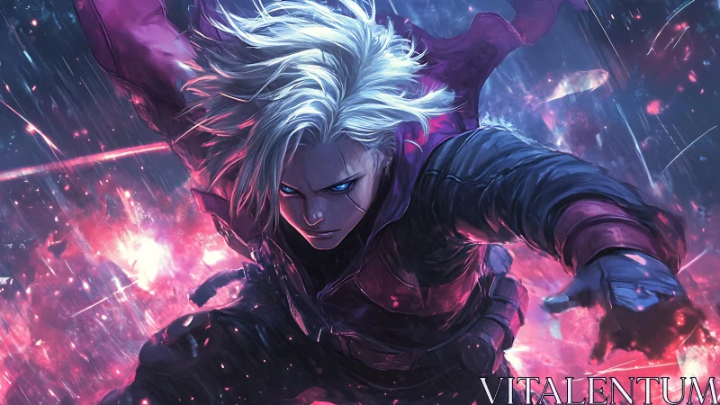 Dynamic anime warrior in explosive neon battle composition.