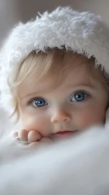Ethereal Infant in Fluffy White Hat and Soft Wrapping.