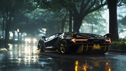 Sleek hypercar idling on rain-soaked city boulevard at dusk.