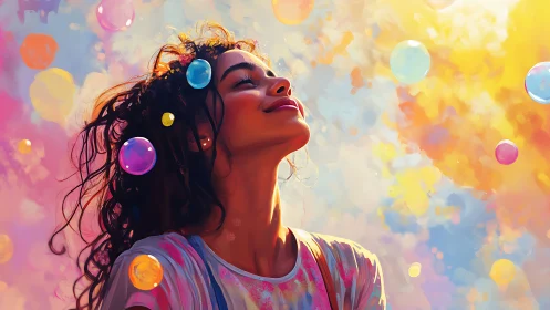 Young woman savors sunlit bubbles amid radiant color clouds
