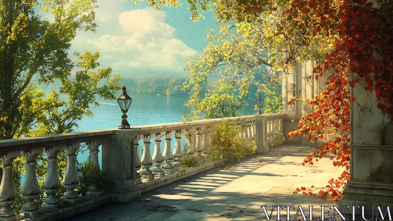 Lakeside terrace basks in soft autumn light and color.