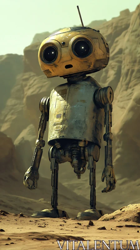 Weathered desert exploration robot with oversized optical sensors