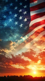 American flag overlays vivid sunset sky with glowing clouds.
