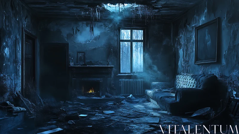 Haunted blue parlor glows under moonlit ceiling breach.