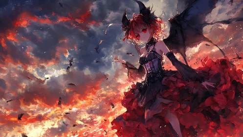 Demon girl in crimson storm sky dominates burning horizon