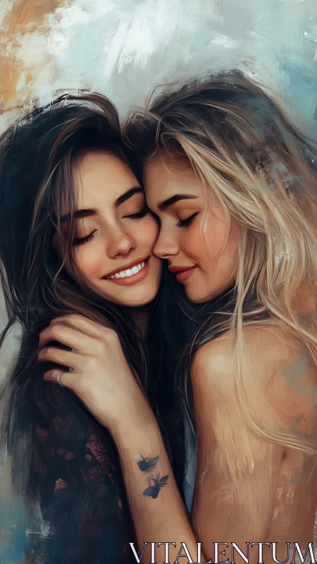 Two women embrace with joy, their bond radiating warmth and intimacy.