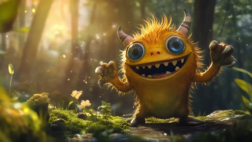 Orange horned creature stands on forest floor in sunlight