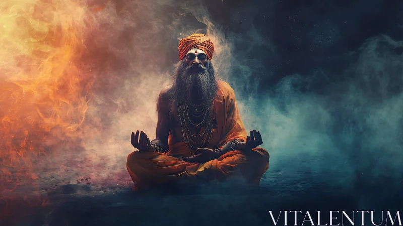 Mystic yogi meditates amid dual-toned elemental smoke clouds