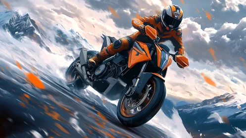 Motorcyclist rides orange sport bike through snowy landscape