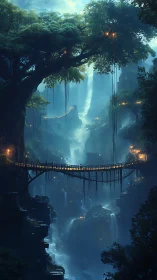 Mystic jungle gorge with suspended bridges and waterfalls.