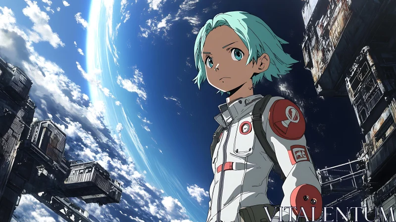 Young space explorer stands before decaying orbital ruins