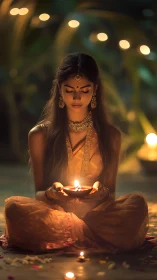 Woman in traditional attire holding lit oil lamp at night.