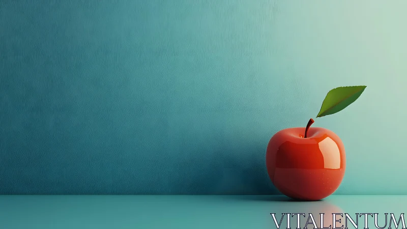 Shiny Red Apple on Minimalist Teal Background, Digital Art Style.
