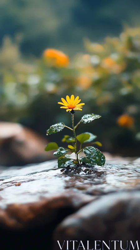 Solitary yellow wildflower on wet river rock after rain.