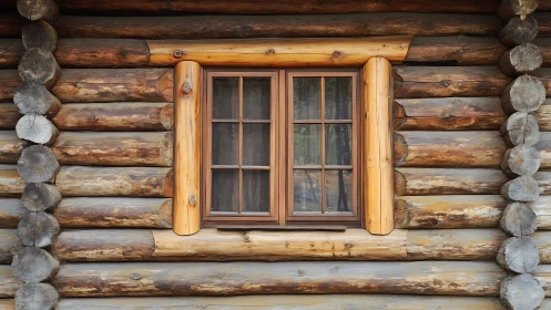 Sunny cabin window framed by weathered woodland logs.