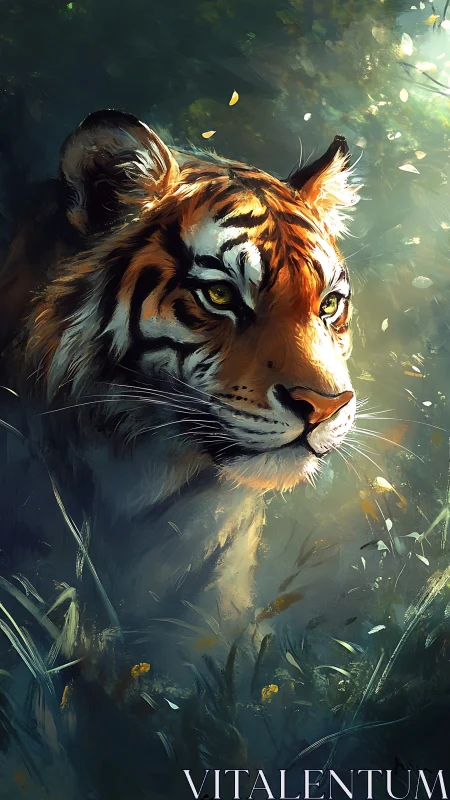 Tiger portrait in diffuse forest light with dense foliage.