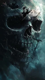 Haunting ocean skull drifting through swirling misty depths.