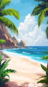 Tropical Beach Cove with Palm Trees and Rocky Shoreline