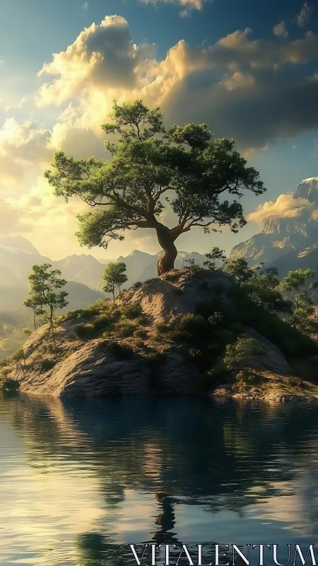 Solitary pine crowns rocky islet under warm sunset sky