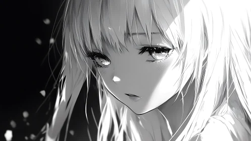 Girl with long hair stares downward in high contrast light