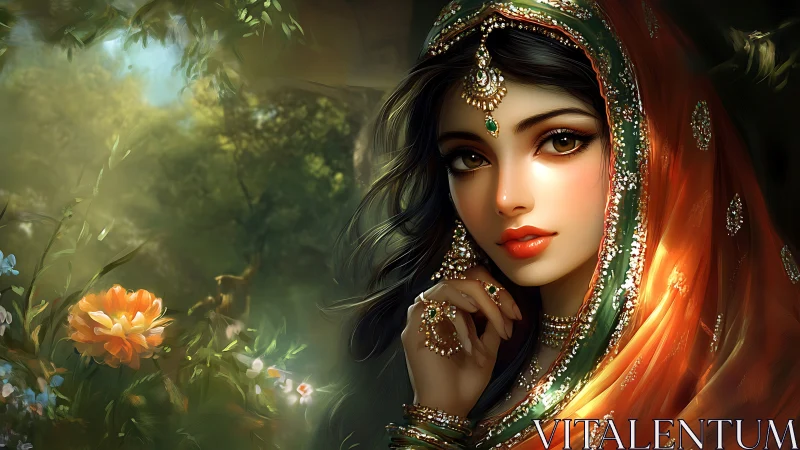 Forest-bloomed mystic bride wrapped in jeweled sunset veil.