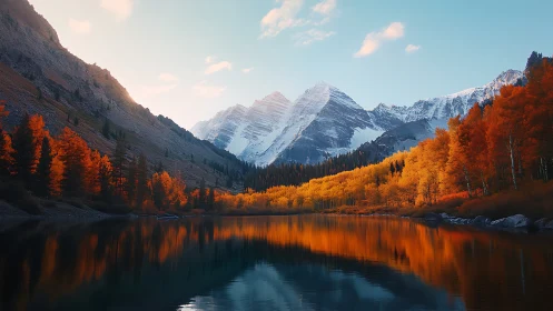 Autumn fire crowns a glassy alpine lake beneath icy peaks.