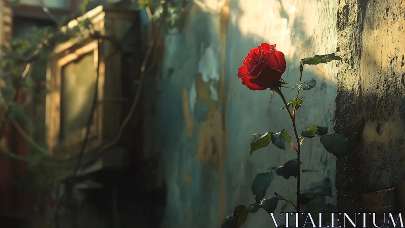 Solitary red rose rewrites decay along a forgotten wall