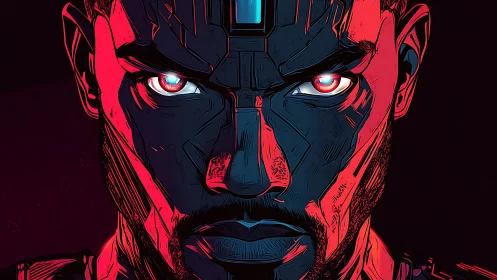 Cybernetic warrior portrait glows under red neon light