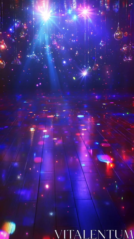 Glitterfloor ballroom drenched in cosmic neon starlight.