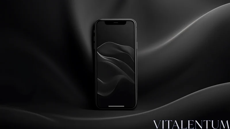 Minimal black smartphone on abstract flowing waves background.