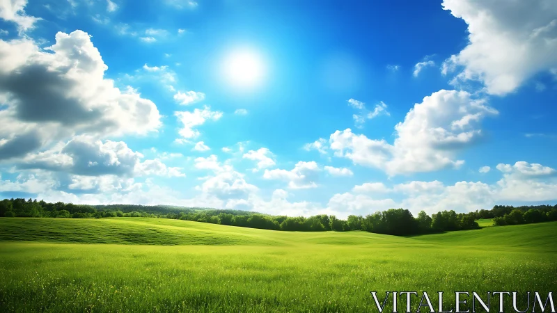 Sunlit green meadow rolls beneath a wide cloud-streaked sky