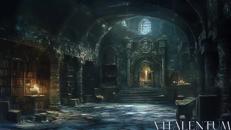 Forgotten gothic library hall glows with cold candlelight