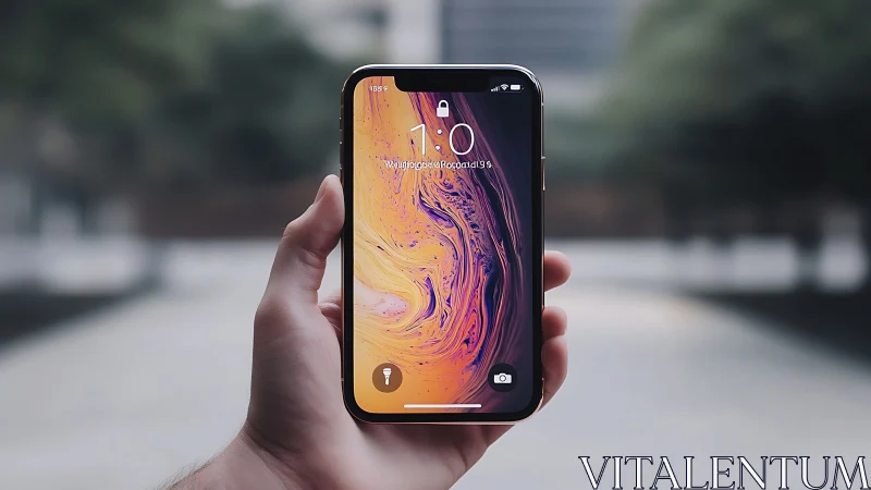 Person holding smartphone with liquid gold wallpaper display outdoors