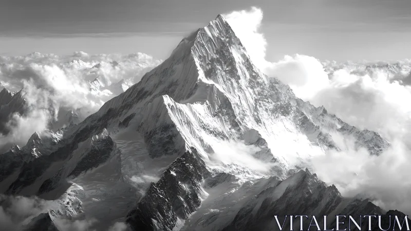 Monochrome mountain peak rises sharply through dense cloud cover
