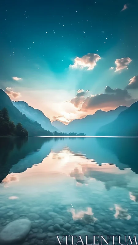 Mountain lake at sunrise with reflective still water surface.