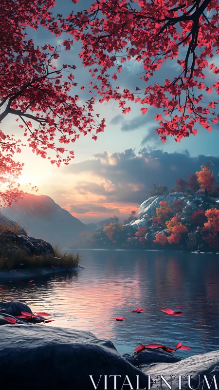 Sunlit autumn lake beneath crimson maple canopy at dusk.