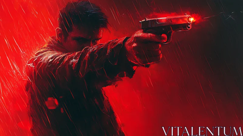 Man aims handgun in heavy red rain with muzzle flash