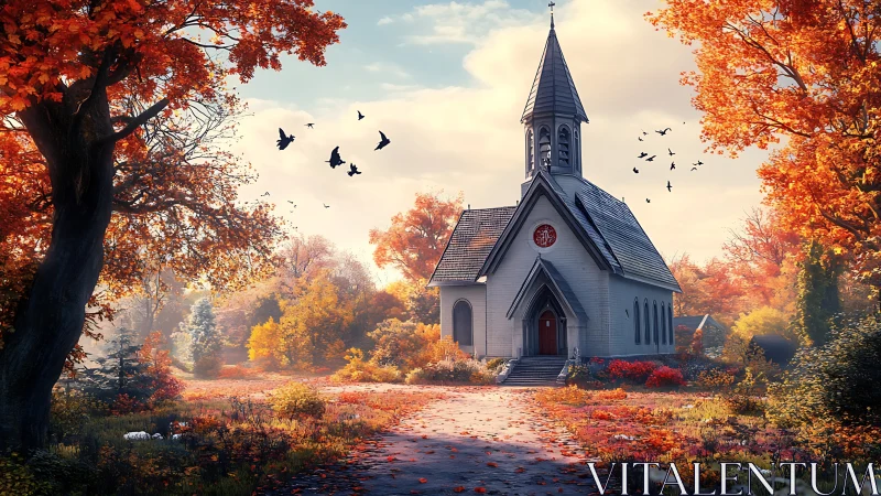 Autumn woodland chapel under warm cinematic sunlight glow.
