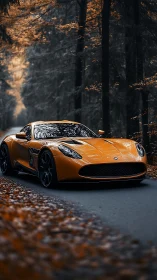 Orange supercar cuts through moody autumn forest road.