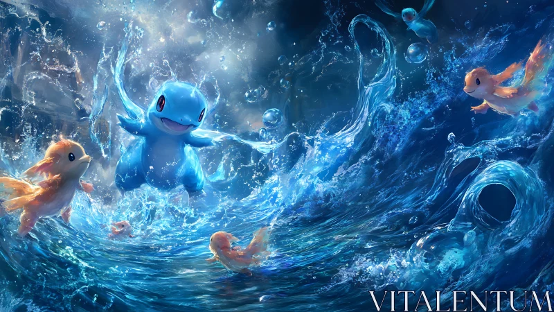 Playful aquatic creatures animate a turbulent luminous sea