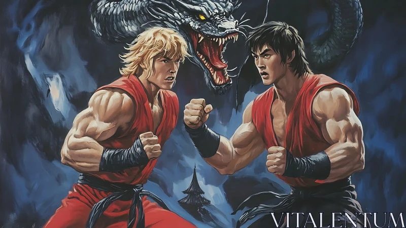 Martial duel under serpentine dragon in dynamic digital painting.