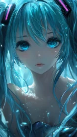 Aqua-haired anime girl with luminous water reflections.